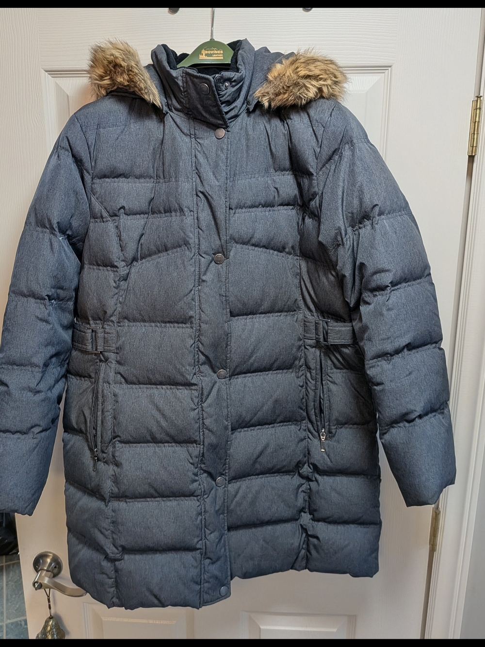 Utex Heathered Charcoal Gray Long Puffer Coat with Faux Fur Hood